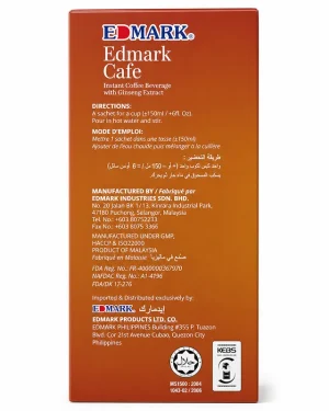 Edmark Cafe Ginseng Coffee back panel showing directions, manufacturing details, NAFDAC A1-4196 and certifications