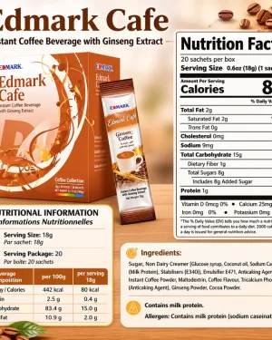 Edmark Cafe Ginseng Coffee nutritional information table showing calories, protein, carbohydrate and fat per serving
