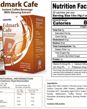 Edmark Cafe Ginseng Coffee nutrition facts, ingredients and product overview infographic