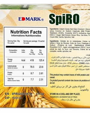 Edmark SpiRO nutrition facts and ingredients label on side panel
