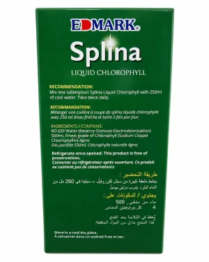 edmark splina liquid chlorophyll 500ml back view ingredients and directions