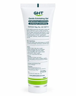 GHT Gentle Exfoliating Gel 100ml back label showing ingredients, usage directions and NAFDAC registration details.