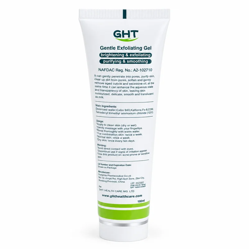 Ght Gentle Exfoliating Gel – Brightening Facial Exfoliator – 100Ml - Recs-Medix Ght gentle exfoliating gel 100ml back label showing ingredients, usage directions and nafdac registration details.