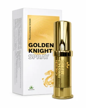 Green World Golden Knight Spray 7mL box and gold bottle on white background, topical men’s intimate wellness spray for adults.