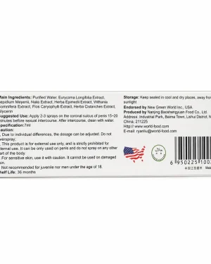 Green World Golden Knight Spray 7mL side label showing ingredients and directions, herbal topical spray for adult men’s wellness.