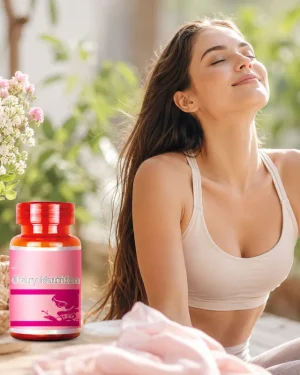 Green World Ovary Nutrition 300mg 90 capsules lifestyle image with relaxed woman, for women’s hormonal wellness support.