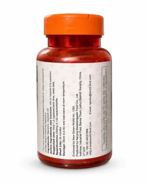 Green World Vitamin E Capsule 500mg 100 capsules side label showing ingredients and suggested use for antioxidant support.
