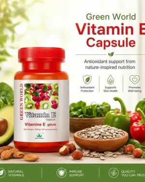 Green World Vitamin E Capsule lifestyle image with natural foods, antioxidant support message and skin wellness benefits.