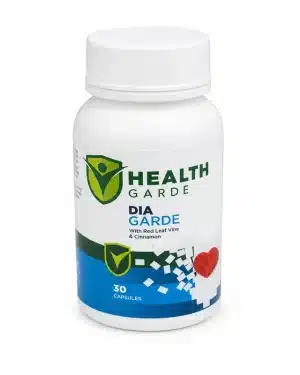 HealthGarde DiaGarde white supplement bottle with Red Leaf Vine and Cinnamon, 30 capsules for blood sugar wellness support