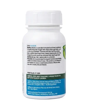 Back label of HealthGarde DiaGarde 30 capsules showing NAFDAC registration number AJ-4289L and usage directions