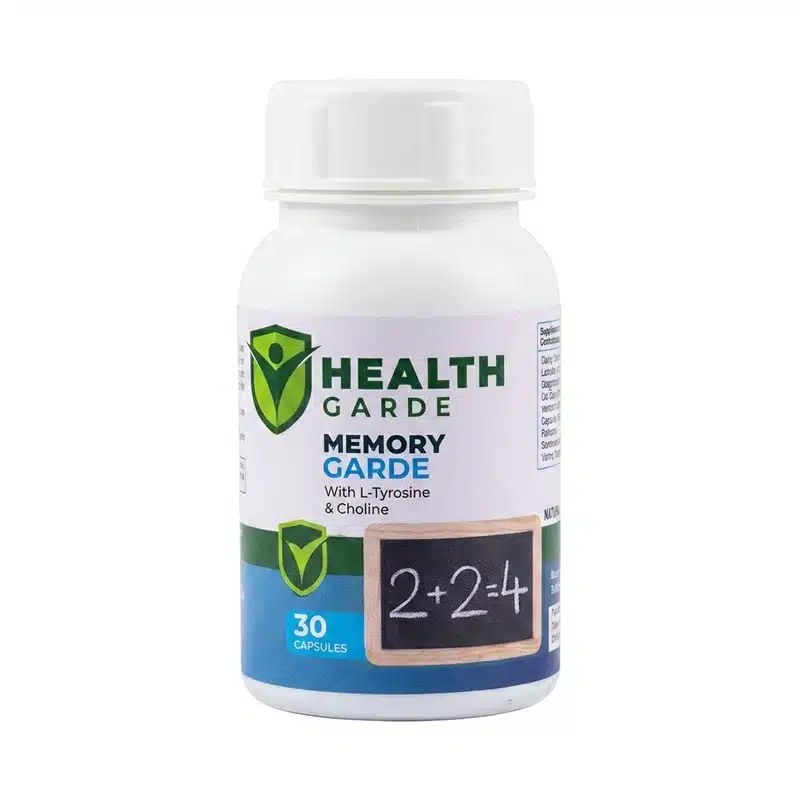 Healthgarde Memory Garde – Brain, Memory And Focus Support – 30 Capsules - Recs-Medix Healthgarde memory garde 30-capsule bottle with l-tyrosine and choline label, brain and cognitive support supplement by healthgarde international.
