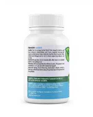 Side label of HealthGarde Memory Garde showing directions for use, product benefits, and manufacturer information from Healthgarde International Pty Ltd.