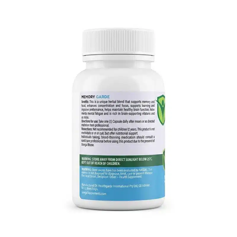 Healthgarde Memory Garde – Brain, Memory And Focus Support – 30 Capsules - Recs-Medix Side label of healthgarde memory garde showing directions for use, product benefits, and manufacturer information from healthgarde international pty ltd.