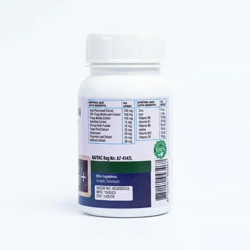 Healthgarde Memory Garde – Brain, Memory And Focus Support – 30 Capsules - Recs-Medix Back label of healthgarde memory garde showing active ingredients including lion's mane, ginkgo biloba, and b vitamins, nafdac reg no a7-4147l.