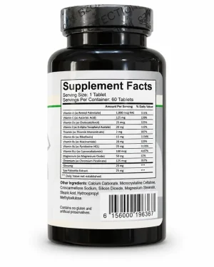 Vitagent Supplement Facts panel listing nine vitamins, magnesium, chromium, bromelain and saw palmetto extract per tablet.
