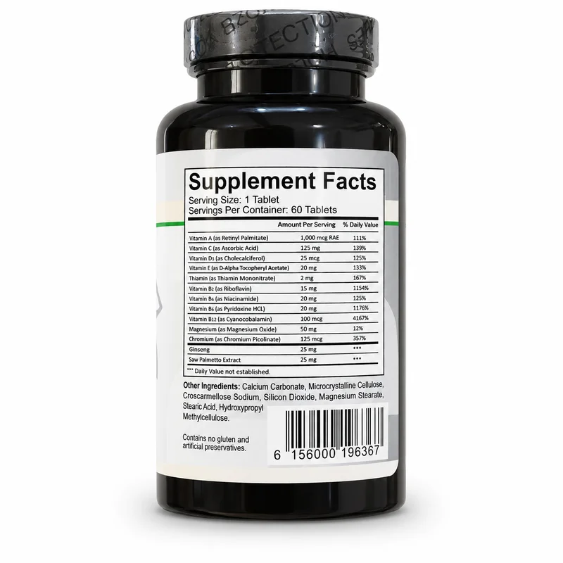 Vitanature Vitagent Men'S Multivitamin – Energy Support – 60 Tablets - Recs-Medix Vitagent supplement facts panel listing nine vitamins, magnesium, chromium, bromelain and saw palmetto extract per tablet.