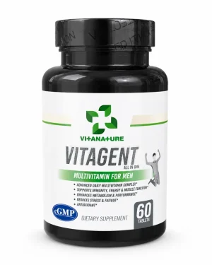 VitaNature Vitagent bottle, dark-coloured container with white and green Multivitamin for Men label, one-a-day men's multivitamin for energy and immune support