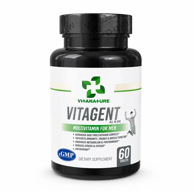 Vitanature Vitagent Men'S Multivitamin – Energy Support – 60 Tablets - Recs-Medix Vitanature vitagent bottle, dark-coloured container with white and green multivitamin for men label, one-a-day men's multivitamin for energy and immune support