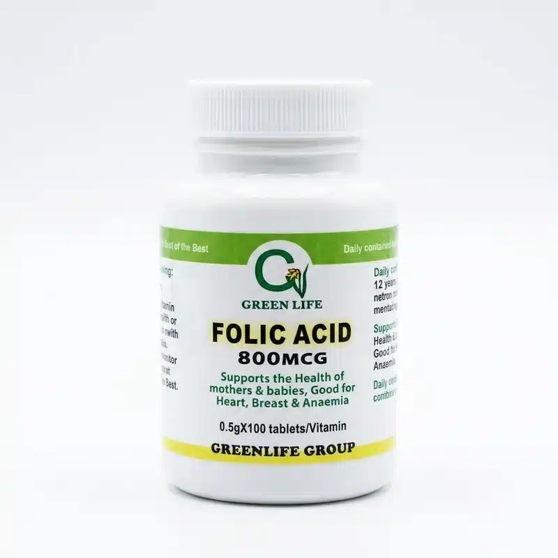 Greenlife Folic Acid – Preconception &Amp; Blood Support – 800 Mcg – 100 Tablets - Recs-Medix Greenlife folic acid 800mcg, two white 100-tablet bottles with green labels for preconception and red blood cell support