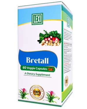 Lexi Bretall carton in white and pink with the Lexi logo, holding 60 veggie capsules of herbal respiratory wellness support, distributed by Lexi-Bell Global.
