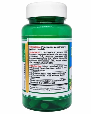 Back label of Lexi Bretall showing the nine-botanical ingredient list, the indication promoting respiratory system health, and the suggested use directions.