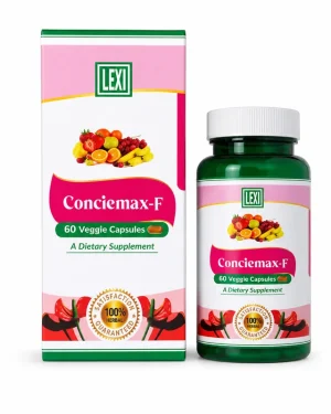 Lexi Conciemax-F carton standing beside the green supplement bottle, both showing the Lexi logo and 60 Veggie Capsules label.