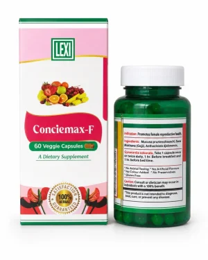Conciemax-F side label listing Nauclea latifolia 25%, Cissus populnea 50% and Anthocleista djalonensis 25% with suggested use.