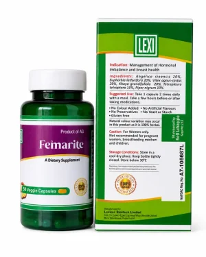 Back panel of the Lexi Femarite carton showing the herbal ingredient list and suggested use.