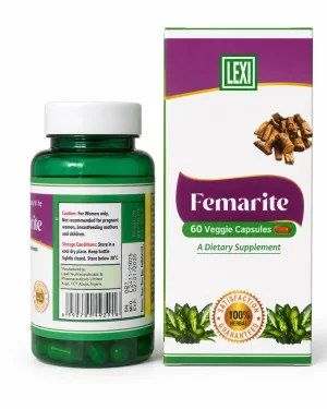 Lexi Femarite carton and bottle together, LEXI branded pack of 60 veggie capsules.