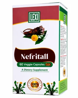 Lexi Nefritall 60 Veggie Capsules carton, showing the front and side packaging for kidney, bladder and urinary tract health support.