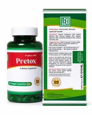 Lexi Pretox bottle beside the back of the carton, showing ingredients, directions, cautions, storage and NAFDAC details.