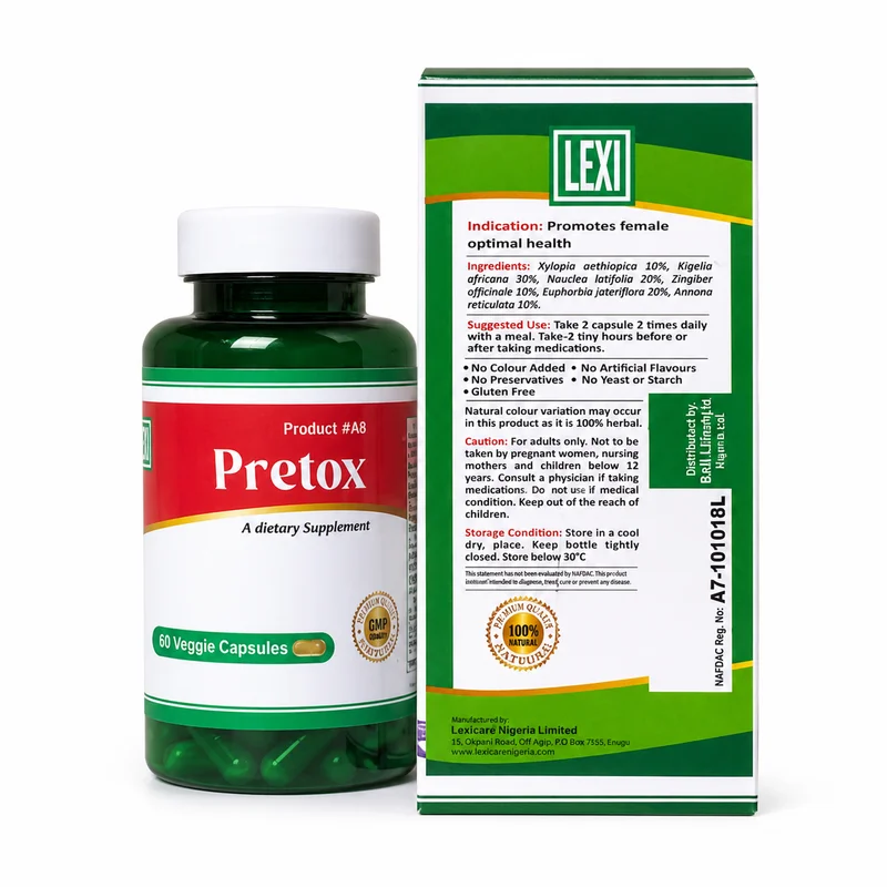 Lexi Pretox – Women’s Wellness Support – 60 Veggie Capsules - Recs-Medix Lexi pretox bottle beside the back of the carton, showing ingredients, directions, cautions, storage and nafdac details.