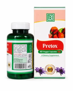 Lexi Pretox green bottle beside the front carton, showing the original retail packaging and 60 veggie capsules presentation.