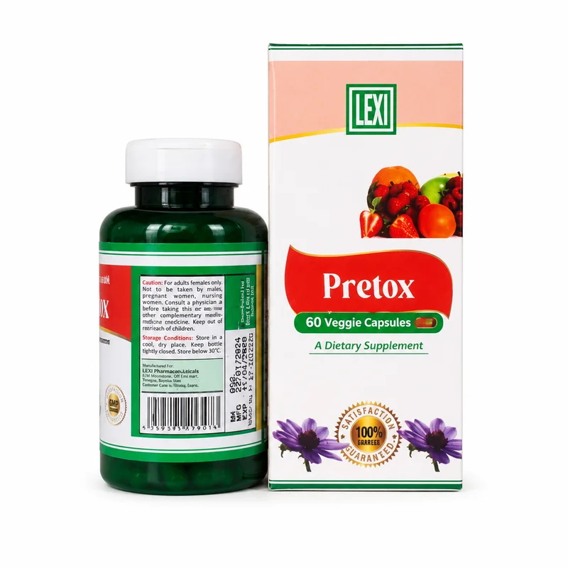 Lexi Pretox – Women’s Wellness Support – 60 Veggie Capsules - Recs-Medix Lexi pretox green bottle beside the front carton, showing the original retail packaging and 60 veggie capsules presentation.