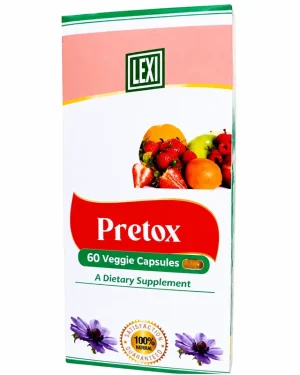 Front view of Lexi Pretox carton showing the Lexi logo, fruit graphics, 60 veggie capsules and dietary supplement label.