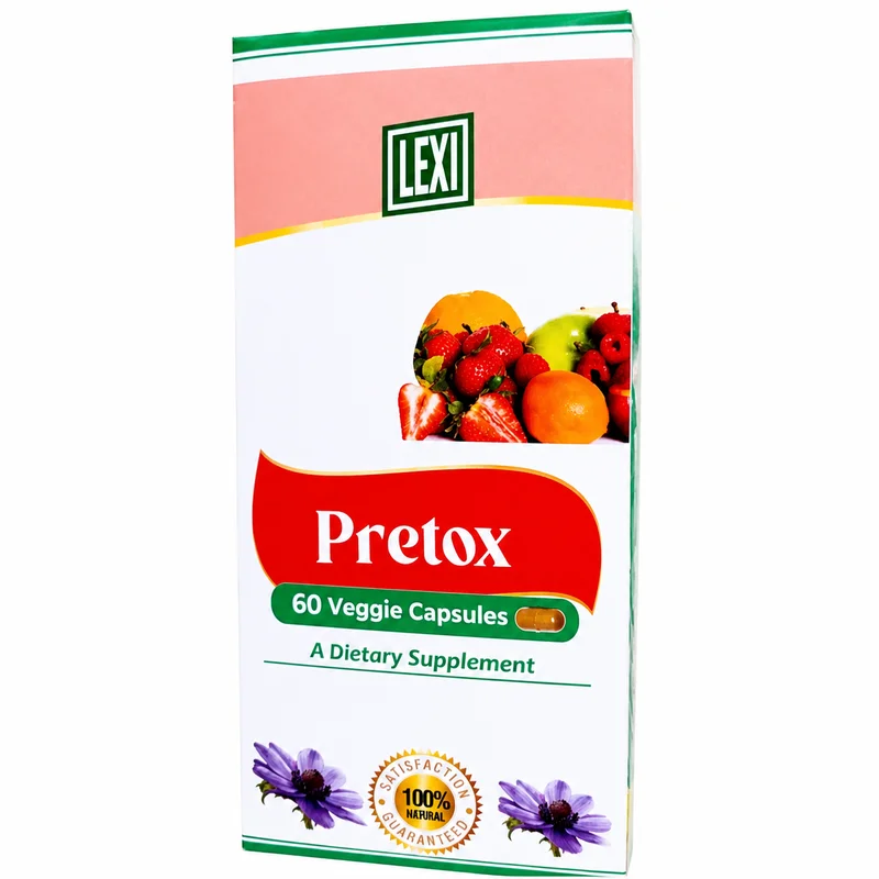 Lexi Pretox – Women’s Wellness Support – 60 Veggie Capsules - Recs-Medix Front view of lexi pretox carton showing the lexi logo, fruit graphics, 60 veggie capsules and dietary supplement label.