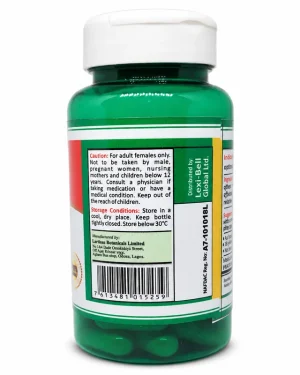Side view of Lexi Pretox bottle showing cautions, storage instructions, manufacturer details, barcode and NAFDAC number.