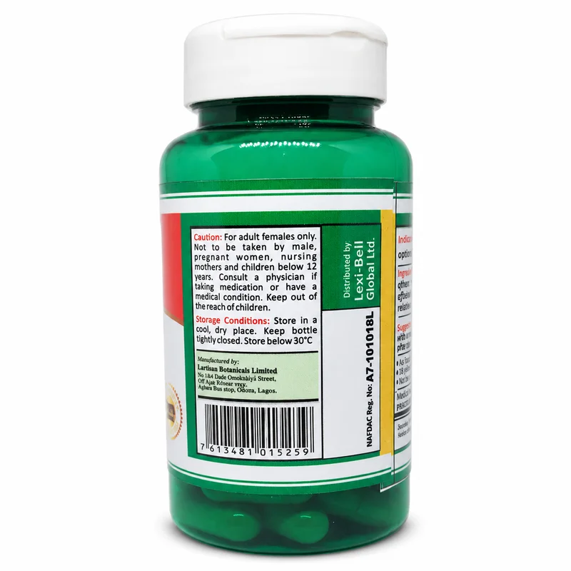 Lexi Pretox – Women’s Wellness Support – 60 Veggie Capsules - Recs-Medix Side view of lexi pretox bottle showing cautions, storage instructions, manufacturer details, barcode and nafdac number.