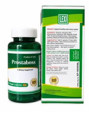 Lexi Prostaboss 20 Veggie Capsules bottle beside the back of its box, showing ingredients, directions, warnings and NAFDAC details.