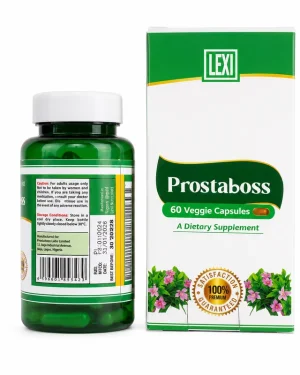 Lexi Prostaboss 60 Veggie Capsules bottle beside its front box packaging, a herbal supplement for male urinary wellness support.
