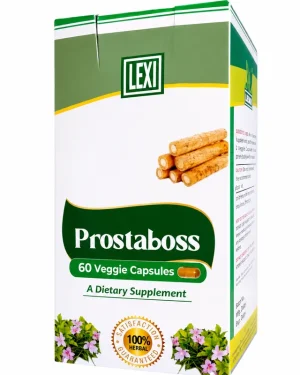 Lexi Prostaboss 60 Veggie Capsules box shown from the front and side, a herbal dietary supplement for male urinary wellness support.