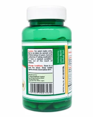 Side label of Lexi Prostaboss 60 Veggie Capsules showing adult-use caution, storage instructions, manufacturer details and NAFDAC number.