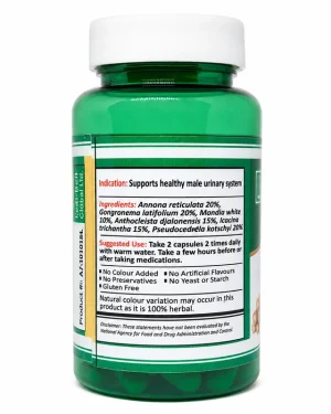 Back label of Lexi Prostaboss 60 Veggie Capsules showing botanical ingredients, suggested use and the male urinary support indication.
