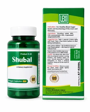 Lexi Shubal bottle and carton back view showing directions, ingredients, caution, storage details and NAFDAC registration number.