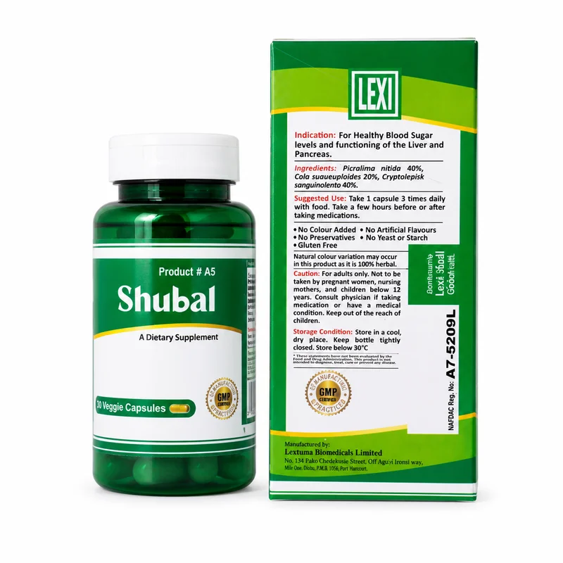 Lexi Shubal – Blood Sugar &Amp; Pancreas Support – 60 Veggie Capsules - Recs-Medix Lexi shubal bottle and carton back view showing directions, ingredients, caution, storage details and nafdac registration number.