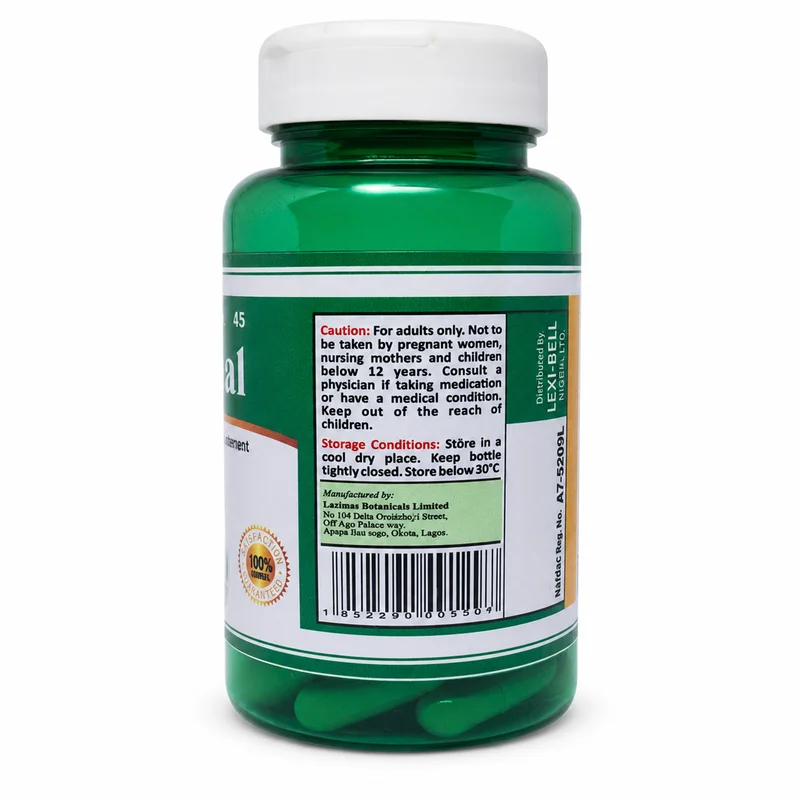Lexi Shubal – Blood Sugar &Amp; Pancreas Support – 60 Veggie Capsules - Recs-Medix Lexi shubal bottle side label showing adult caution, storage below 30°c, manufacturer details, barcode and nafdac number.