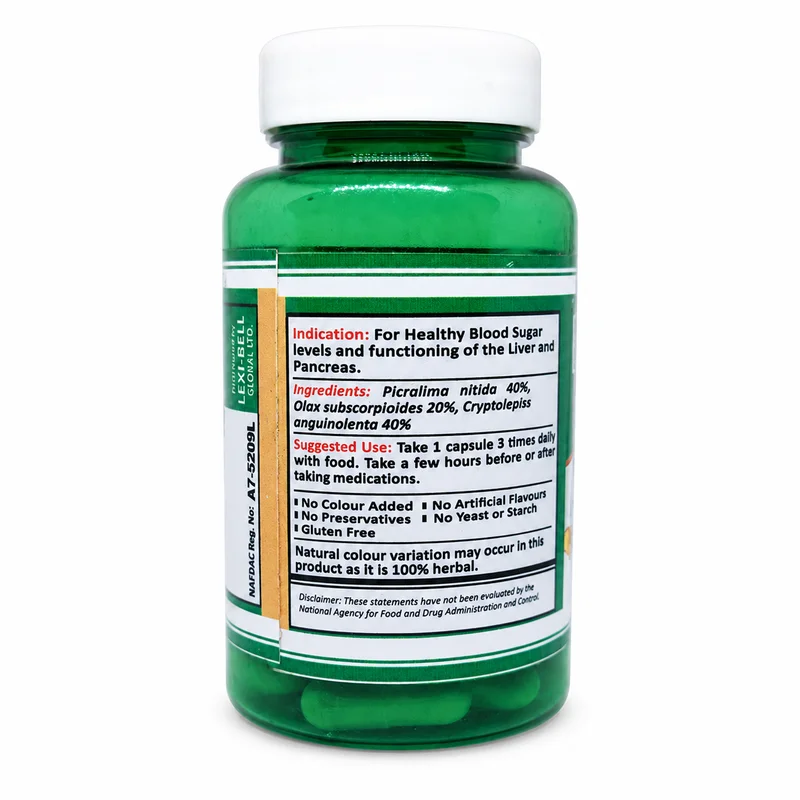 Lexi Shubal – Blood Sugar &Amp; Pancreas Support – 60 Veggie Capsules - Recs-Medix Lexi shubal bottle back label showing ingredients, suggested use and nafdac number a7-5209l for blood sugar support