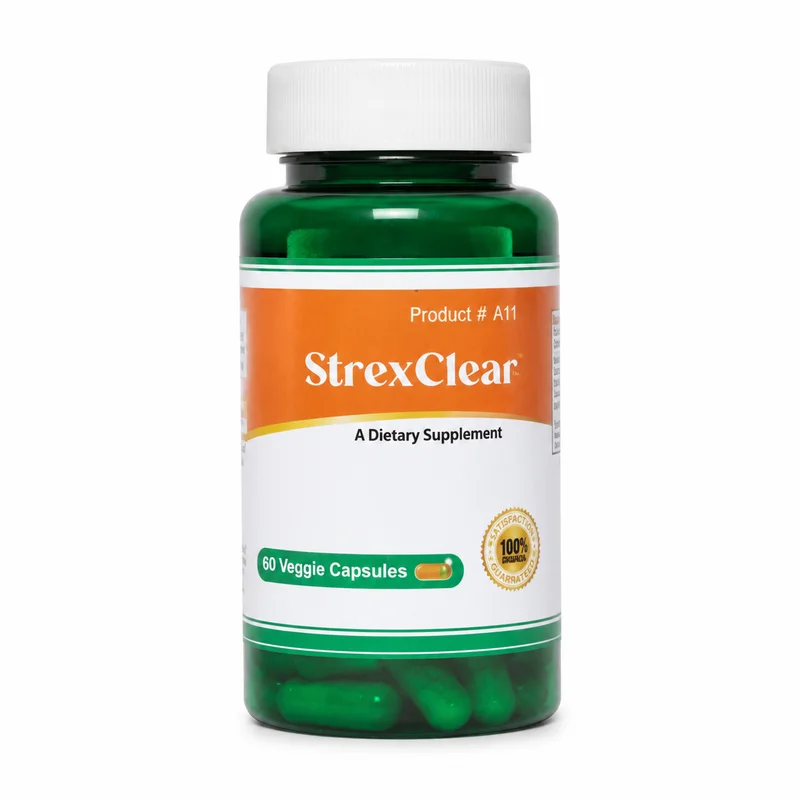 Lexi Strexclear — Relaxation &Amp; Mood Balance Support — 60 Veggie Capsules - Recs-Medix Lexi strexclear green bottle front with white cap, orange product label, 60 veggie capsules and dietary supplement wording.