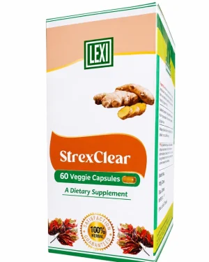 Lexi StrexClear carton front showing the green and orange pack design, ginger image, 60 veggie capsules and 100% herbal seal.