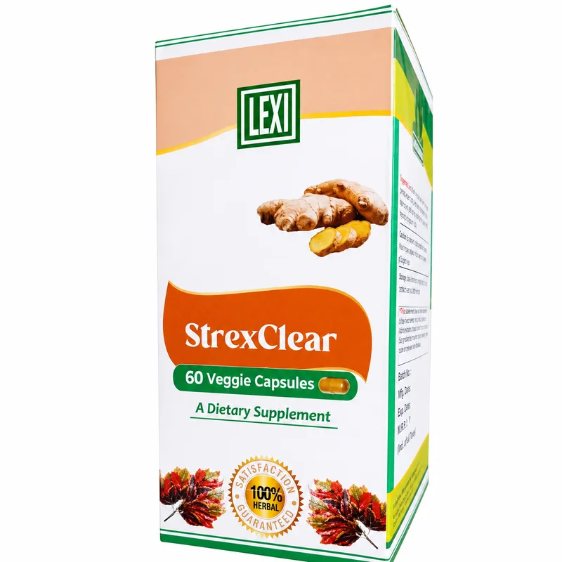 Lexi Strexclear — Relaxation &Amp; Mood Balance Support — 60 Veggie Capsules - Recs-Medix Lexi strexclear carton front showing the green and orange pack design, ginger image, 60 veggie capsules and 100% herbal seal.